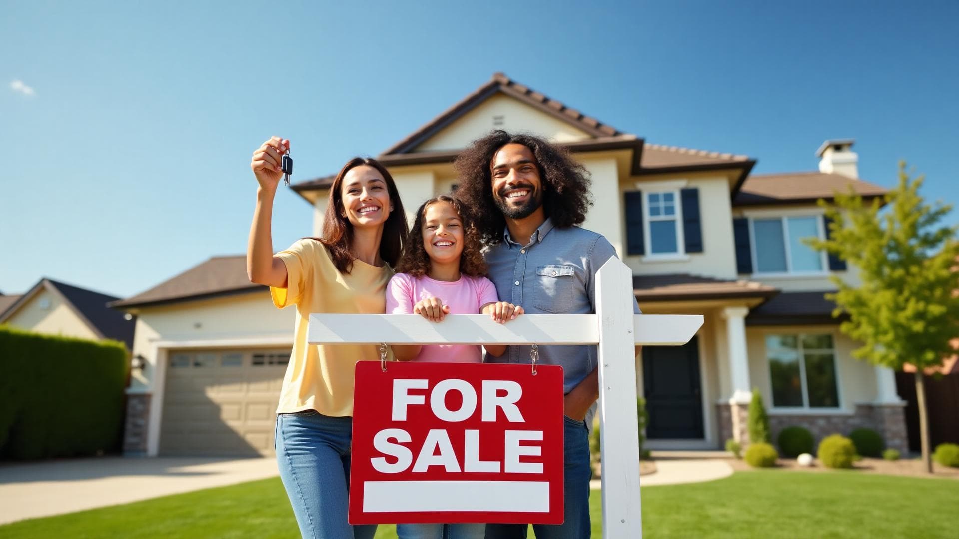 Family standing in front of a home